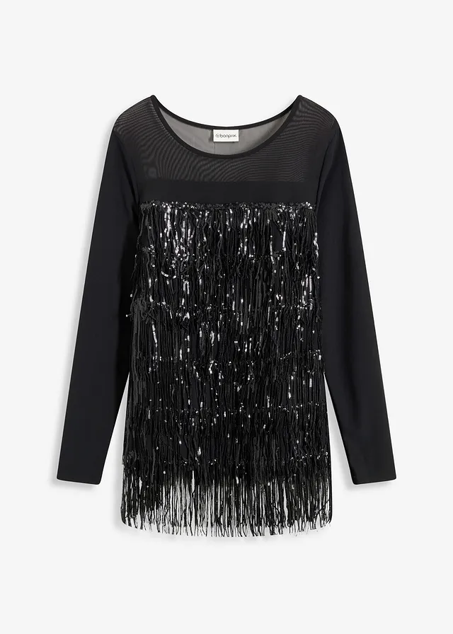 Longsleeve met pailletten franjes • zwart • bonprix online shop