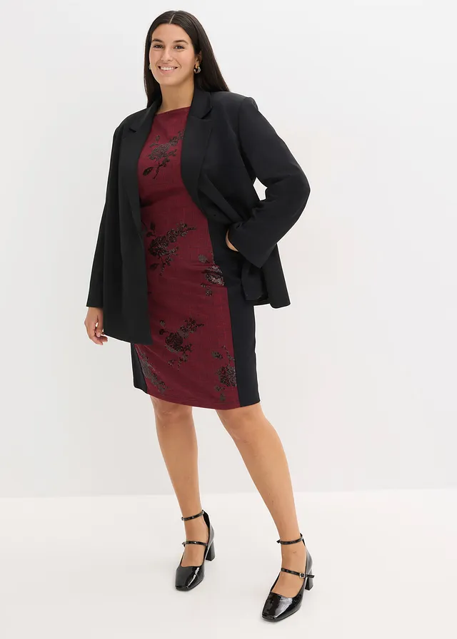 Robe fourreau avec sequins brodés, Couleur: rouge foncé-noir carreaux