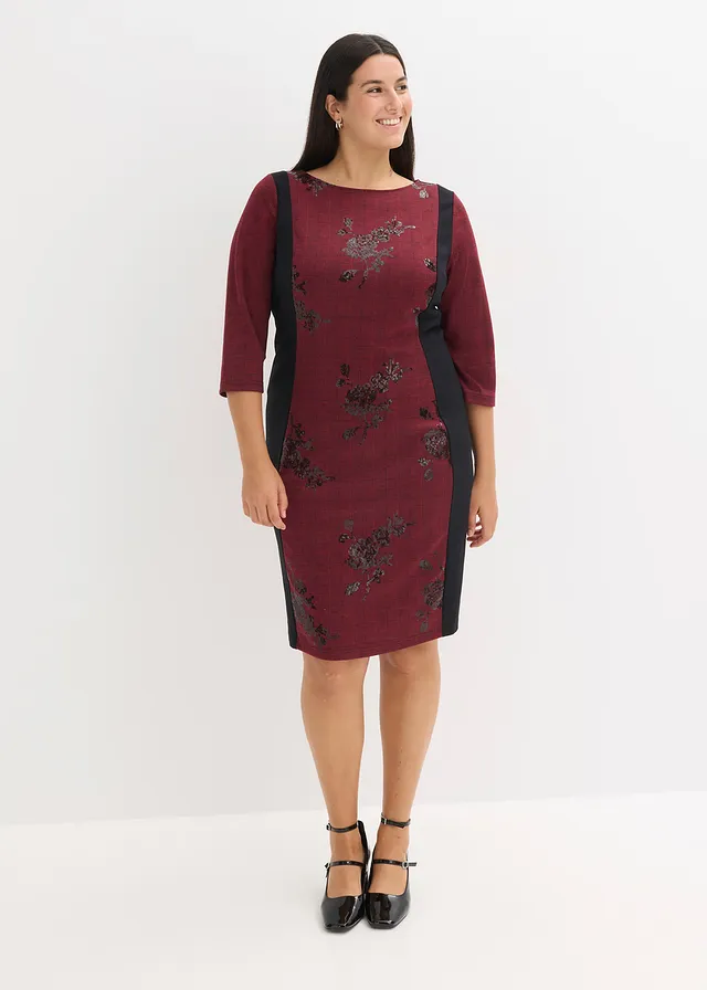 Robe fourreau avec sequins brodés, Couleur: rouge foncé-noir carreaux