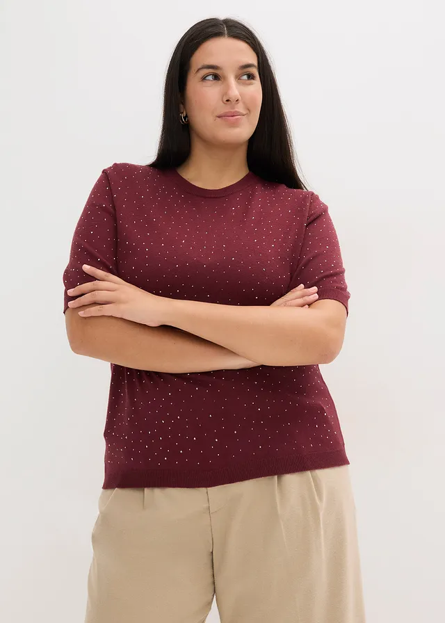Pull manches coudes en fine maille avec strass, Couleur: rouge érable