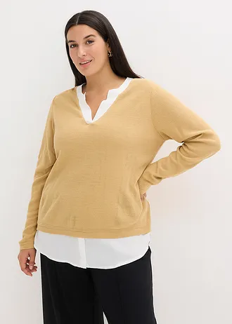 Fijngebreide trui met blouse-inzet, Kleur: cappuccino/wit