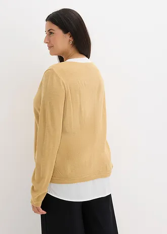 Pull en fine maille avec empiècement chemisier, Couleur: cappuccino/blanc