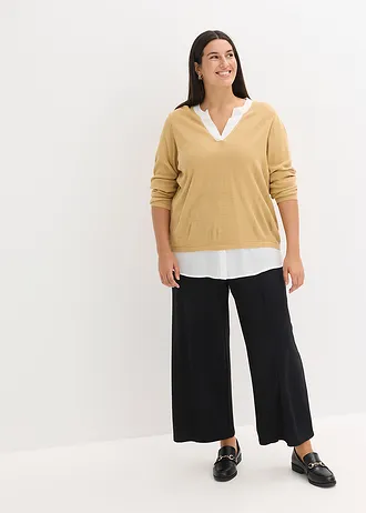 Fijngebreide trui met blouse-inzet, Kleur: cappuccino/wit