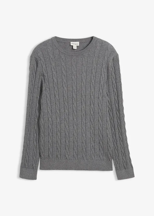 Pulover din tricotaj fin cu model cu torsade, din amestec moale de bumbac, Slim Fit