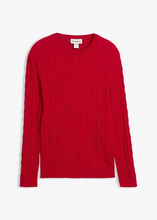 Svetr z jemné pleteniny z měkké bavlněné směsi, s copánkovým vzorem, Slim Fit