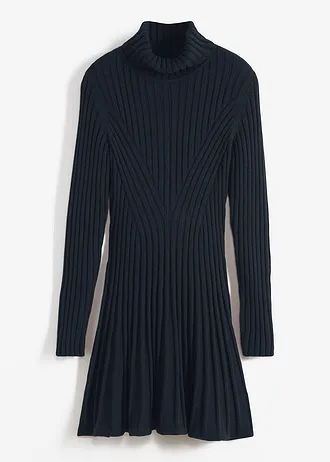 Gebreide jurk met col, Kleur: zwart