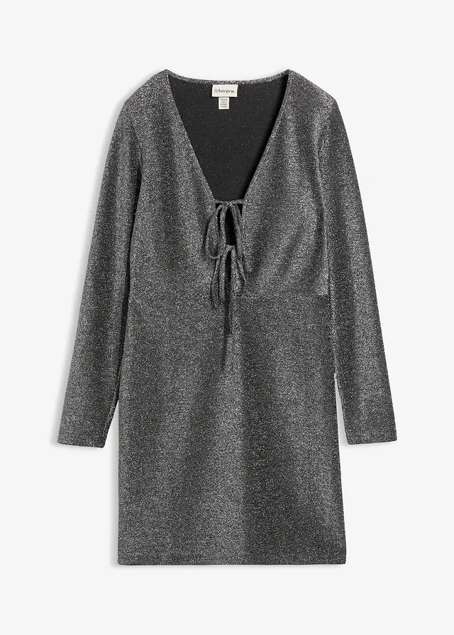 Sukienka mini z połyskiem i ozdobnymi wstążkami • czarno-srebrny lurex • sklep bonprix