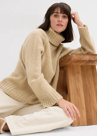 Pulover tricotat oversize, cu ochiuri mari • bej nisipiu mat • magazin bonprix