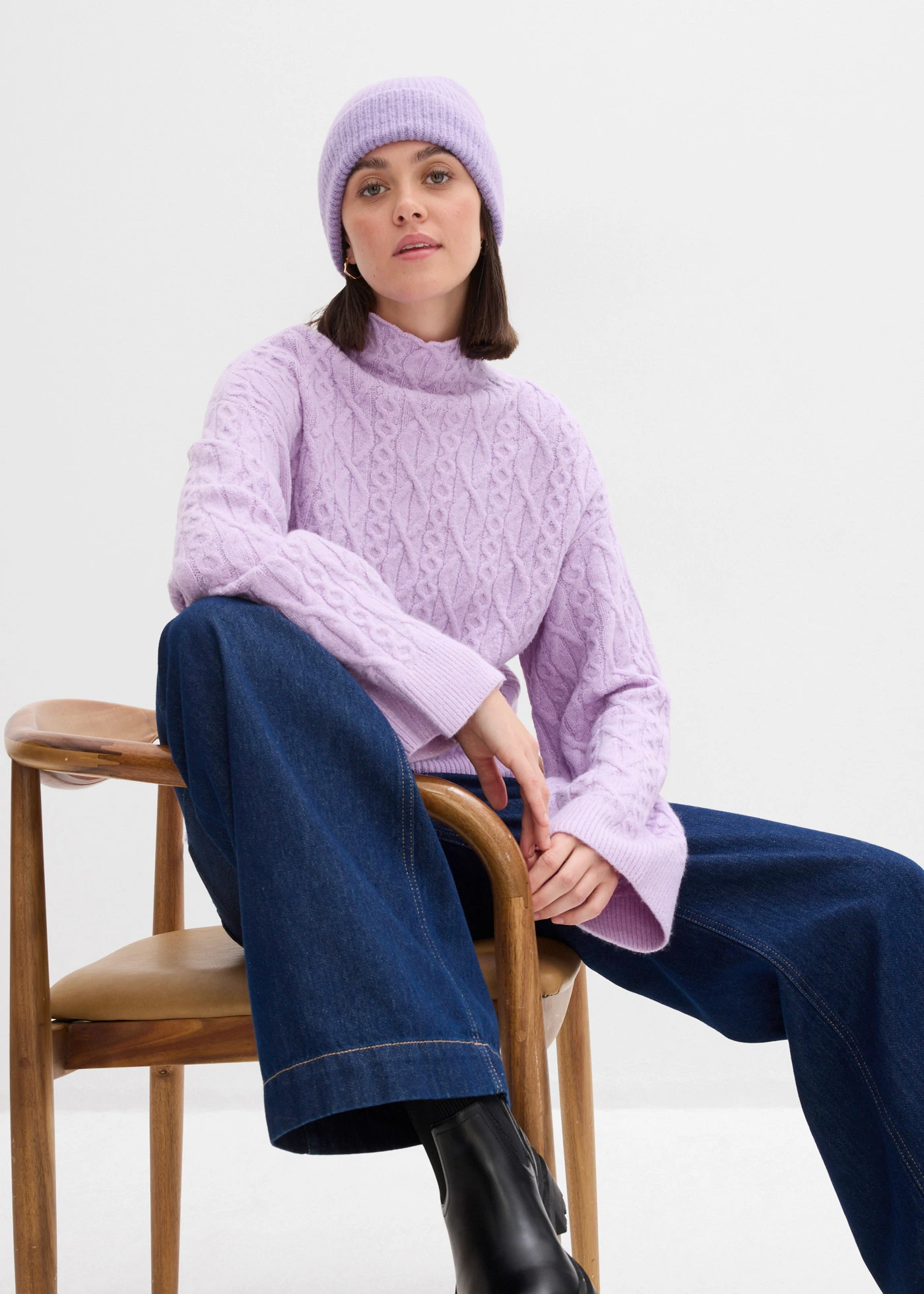 Pulover cu model tricotat cu torsade • liliachiu pastel melanj • magazin bonprix