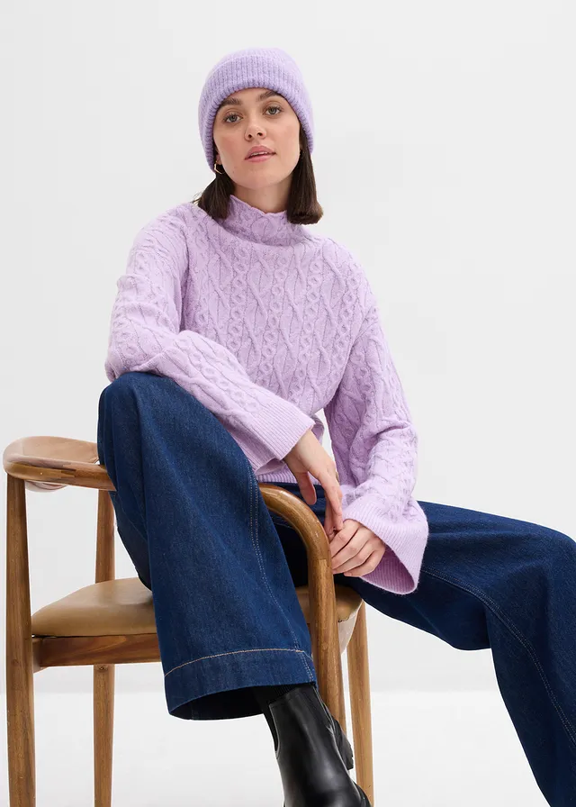 Sweter z warkoczowym splotem • kremowy bez melanż • sklep bonprix