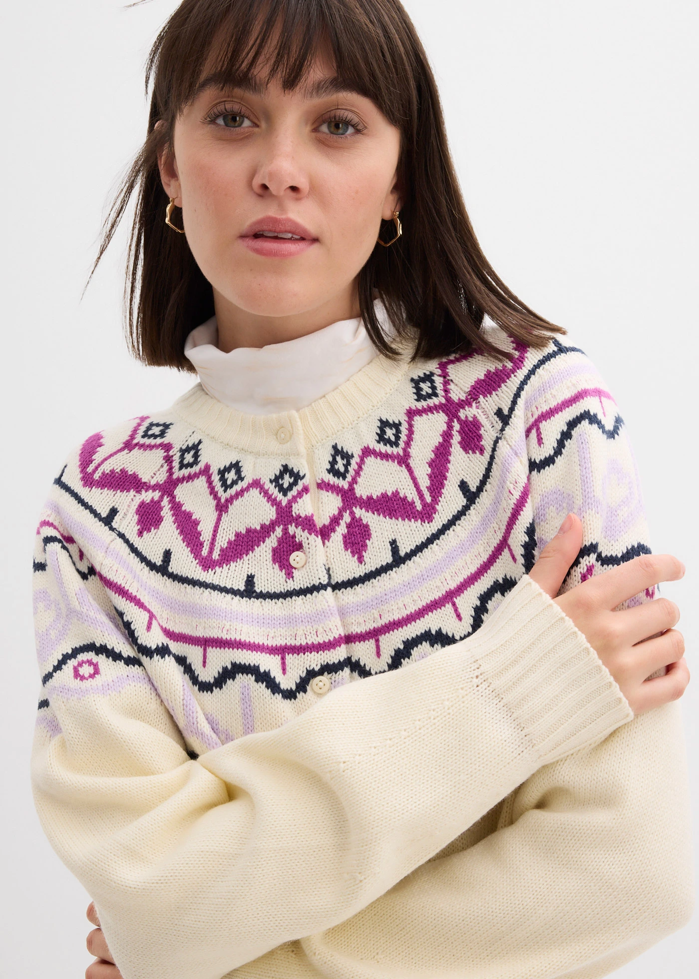 Jachetă tricotată oversized, model norvegian • alb perlat, model norvegian • magazin bonprix