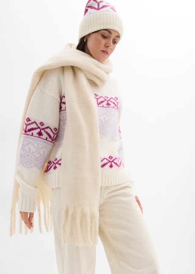 Sweter z norweskim wzorem biały perłowy