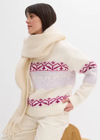 Sweter z norweskim wzorem • biały perłowy • sklep bonprix