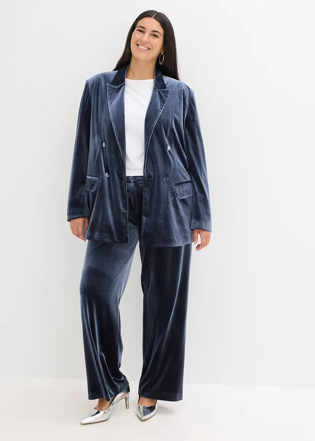 Blazer en velours doux, Couleur: bleu foncé