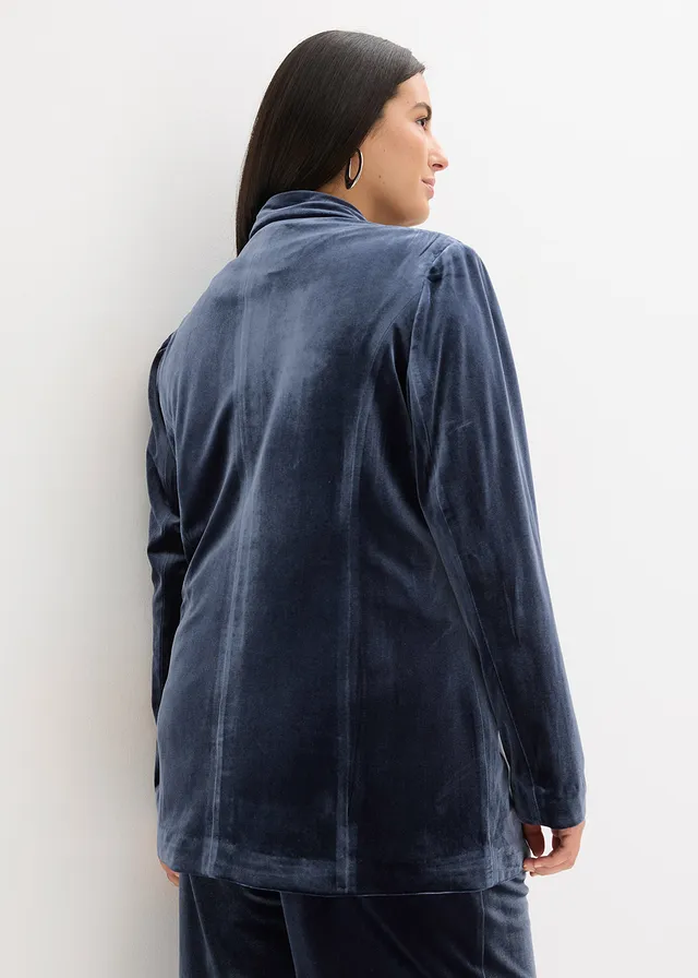 Blazer en velours doux, Couleur: bleu foncé