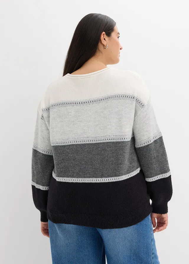 Pull en maille, Couleur: noir-anthracite chiné-gris clair chiné-écru rayé