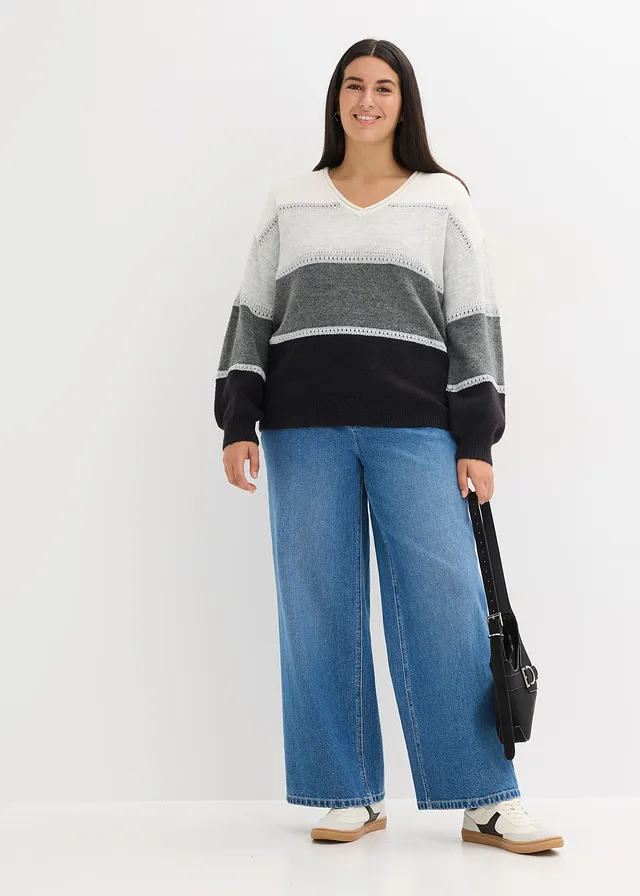 Pull en maille, Couleur: noir-anthracite chiné-gris clair chiné-écru rayé