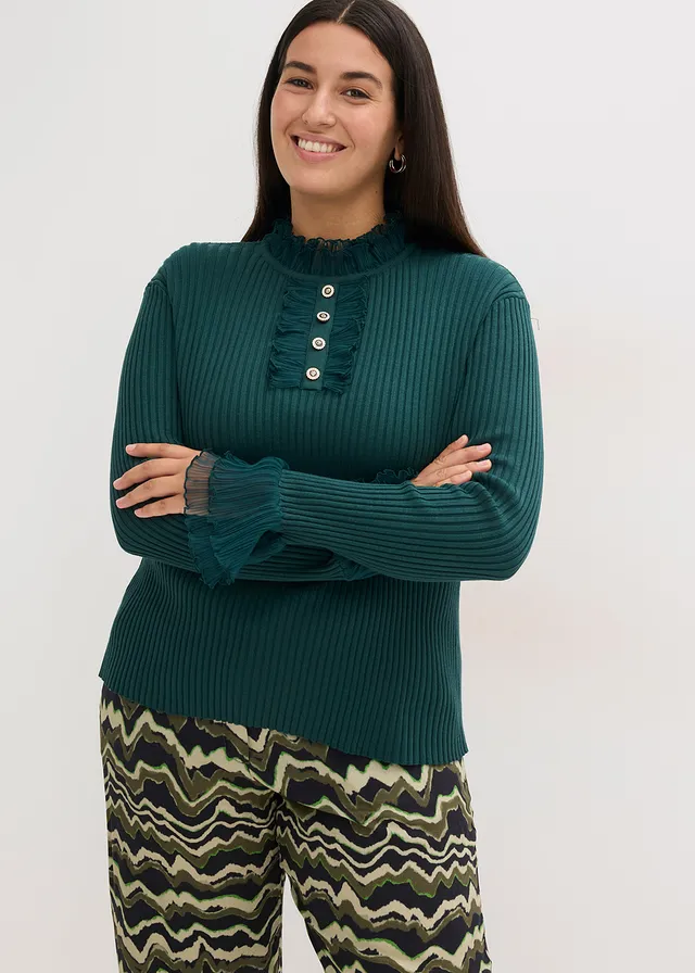 T-shirt manches longues en fine maille avec volants en mousseline, Couleur: vert profond