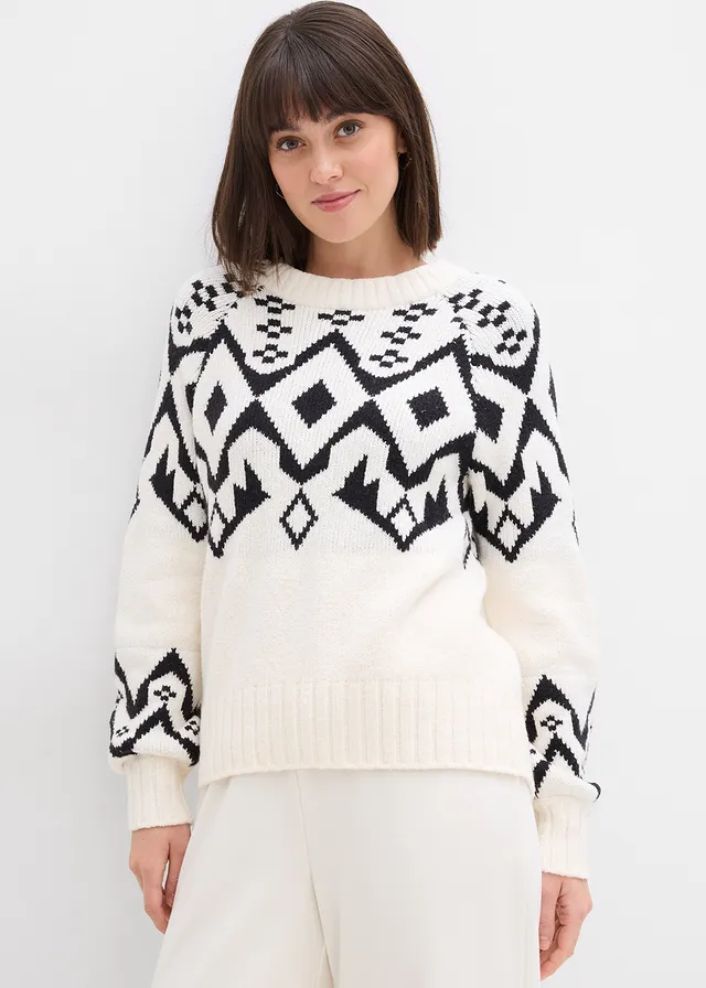 Pulover cu model norvegian • alb perlat • magazin bonprix