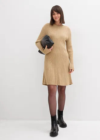 Sukienka dzianinowa mini z miękkiej mieszanki wiskozy • jasny khaki • sklep bonprix