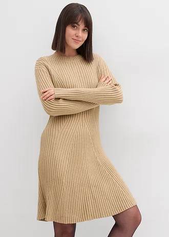 Sukienka dzianinowa mini z miękkiej mieszanki wiskozy • jasny khaki • sklep bonprix