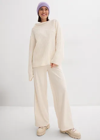 Sweter oversize w prążek, kolor: biały perłowy