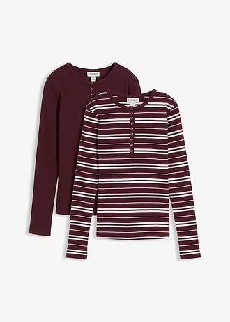 T-shirt manches longues en coton côtelé extensible, Couleur: bordeaux uni + bordeaux-écru rayé