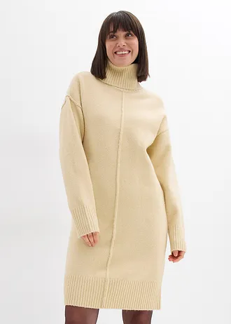 Rochie tricotată cu cusătură decorativă, culoare: bej nisipiu mat melanj