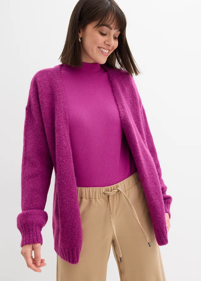 Oversized grof gebreid vest, Kleur: donkerfuchsia