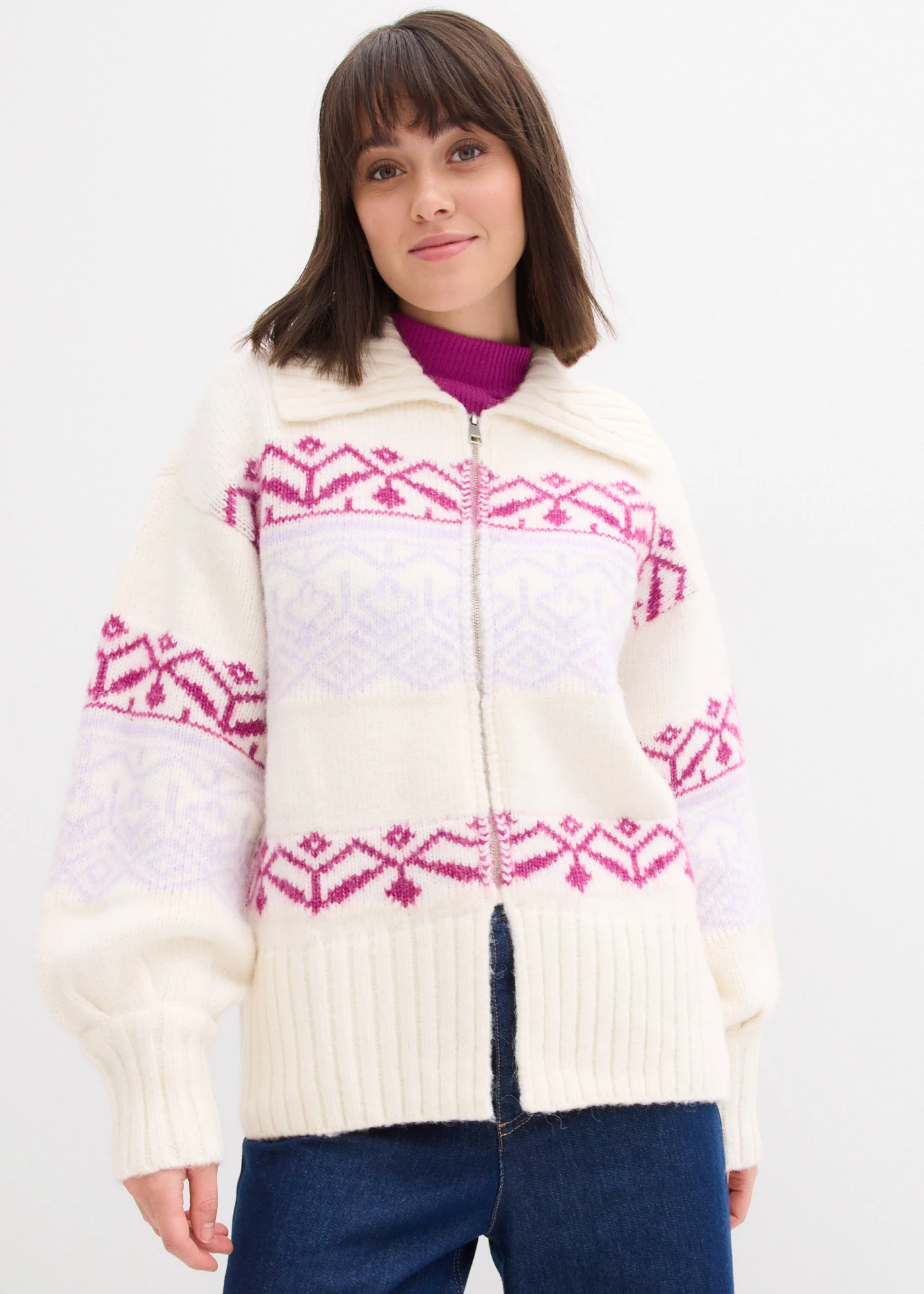 Jachetă tricotată scurtă, model norvegian • alb perlat • magazin bonprix