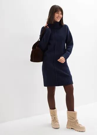 Gebreide jurk met siernaad, Kleur: donkerblauw gemêleerd