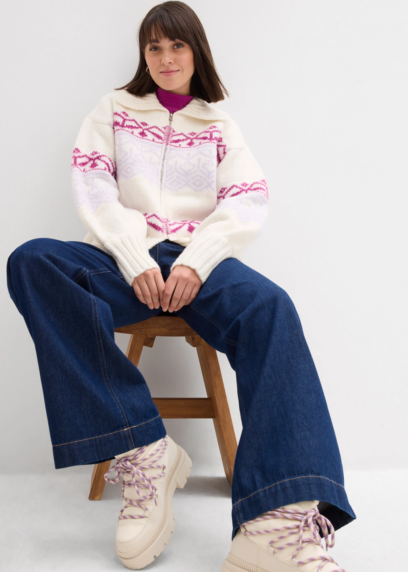 Jachetă tricotată scurtă, model norvegian • alb perlat • magazin bonprix