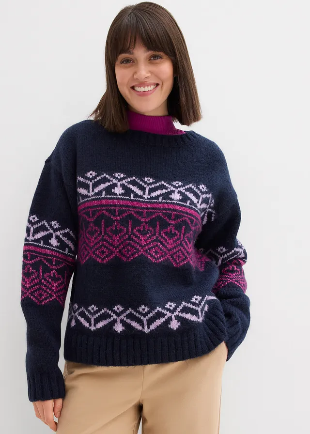 Oversized Noorse trui • donkerblauw met print • product-page.page-title-suffix