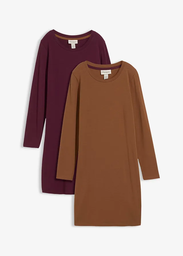 Accentuerende jersey jurk (set van 2), Kleur: pimentbruin-wijnrood