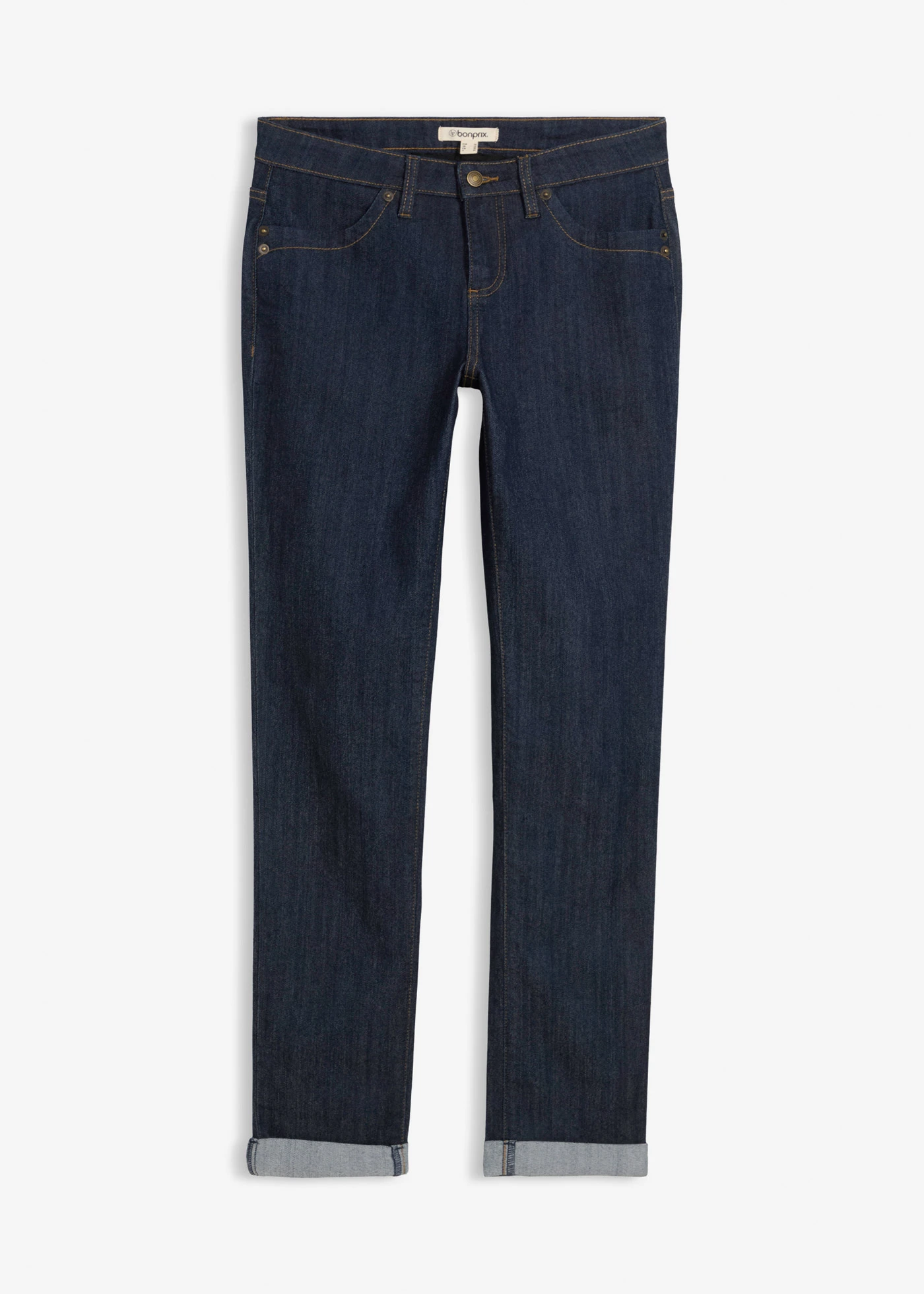 Straight sztreccsfarmer, Mid Waist • mélykék denim, nincs előmosva • bonprix áruház
