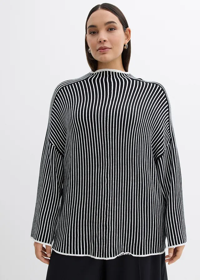 Pull à col montant, Couleur: noir-écru rayé