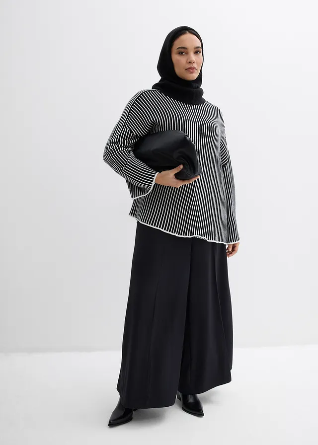 Trui met turtleneck van viscose-mix, Kleur: zwart-wolwit verticaal gestreept