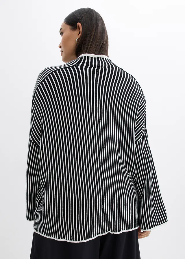 Trui met turtleneck van viscose-mix, Kleur: zwart-wolwit verticaal gestreept