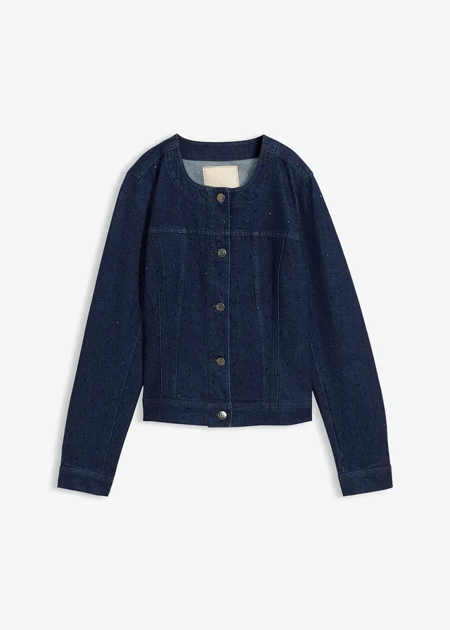 Veste en jean à strass, Couleur: bleu foncé denim brut