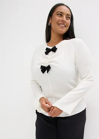 Longsleeve van gestructureerde crêpe, Kleur: wolwit