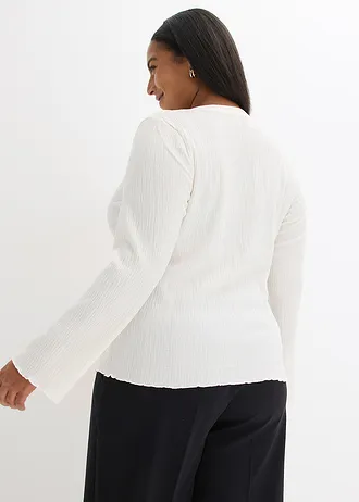 Longsleeve van gestructureerde crêpe, Kleur: wolwit