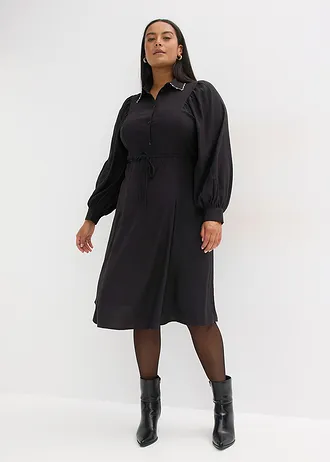 Midi-jurk met parelapplicatie, Kleur: zwart