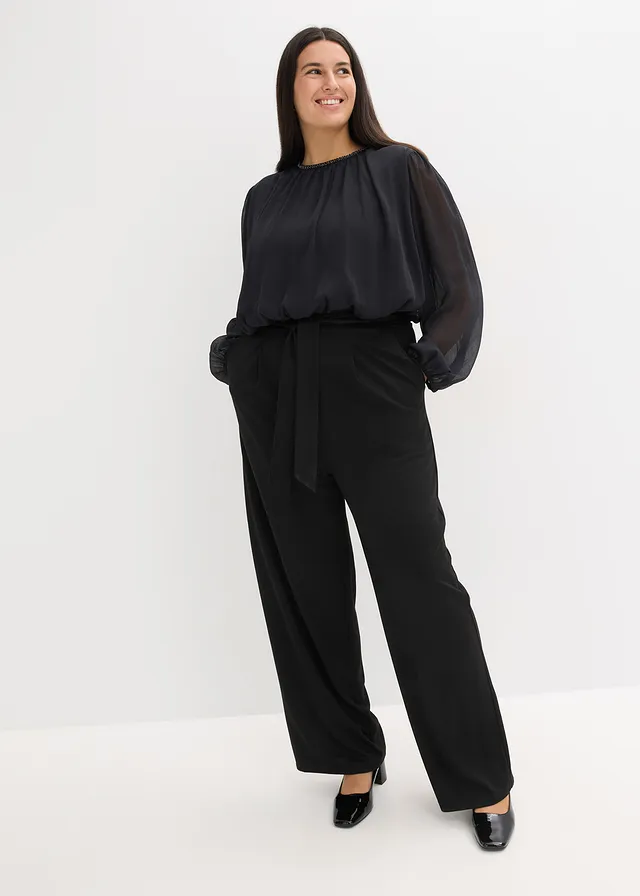 Jumpsuit met chiffon en glitters, Kleur: zwart
