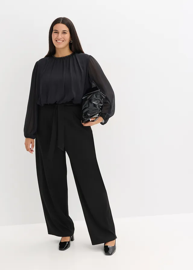Jumpsuit met chiffon en glitters, Kleur: zwart