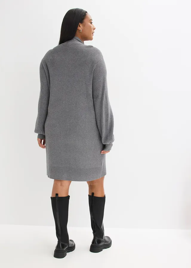 Gebreide jurk met strik in een zachte viscosemix, Kleur: grijs gemêleerd