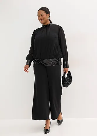 Blouse van fijne tule met pailletten, Kleur: zwart