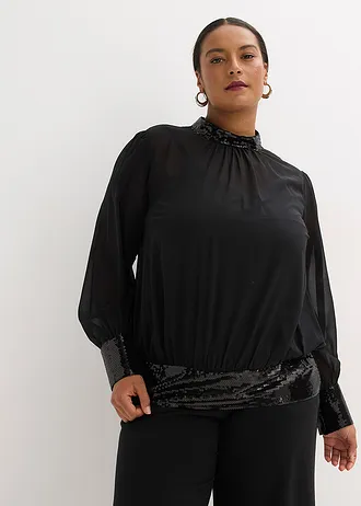 Blouse en tulle fin avec empiècements à sequins, Couleur: noir
