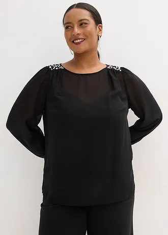 Chiffon blouse met strass, Kleur: zwart