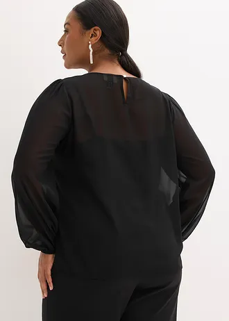 Chiffon blouse met strass, Kleur: zwart