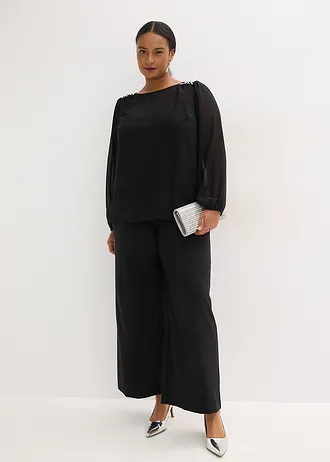 Chiffon blouse met strass, Kleur: zwart